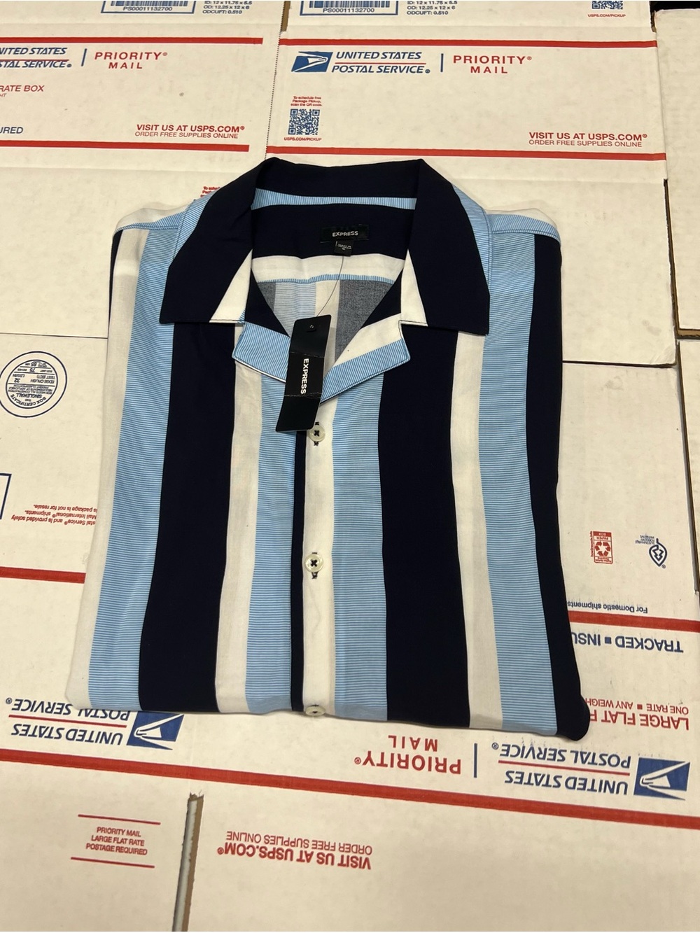Express Men’s Navy, Light Blue & White Vertical Stripe Button-Down Shirt